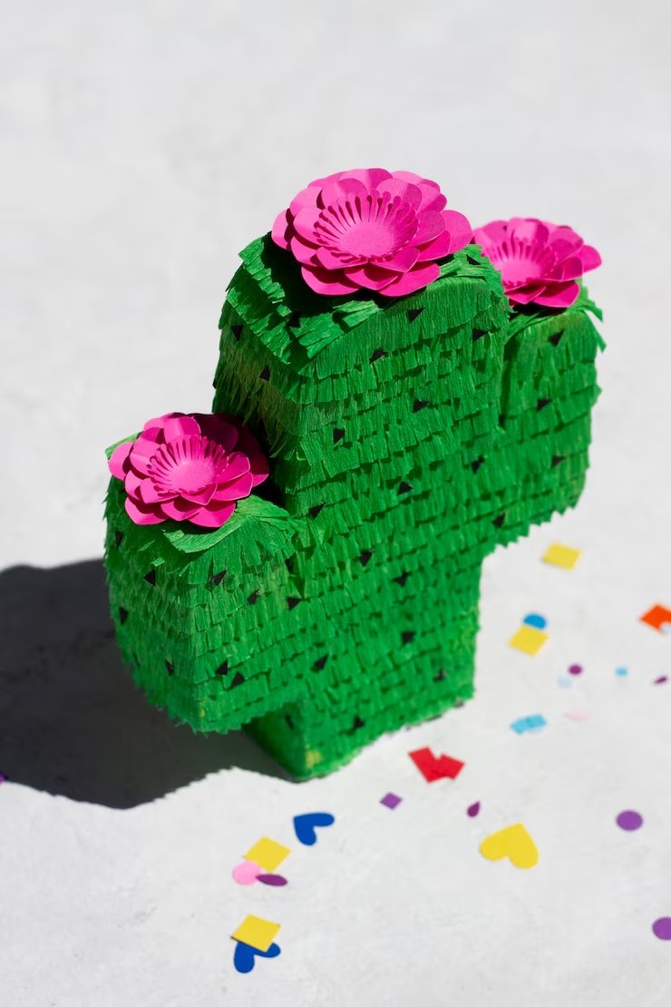 Vibrant paper cactus piñata with bright pink flowers