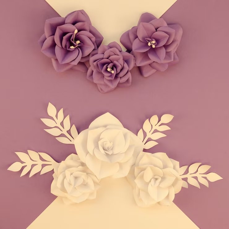 Purple and white paper roses with leaves, arranged in a symmetrical design