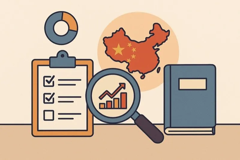 A stylized illustration showing a checklist, magnifying glass over a bar chart, and a China map, representing the process of identifying import goals and market needs.