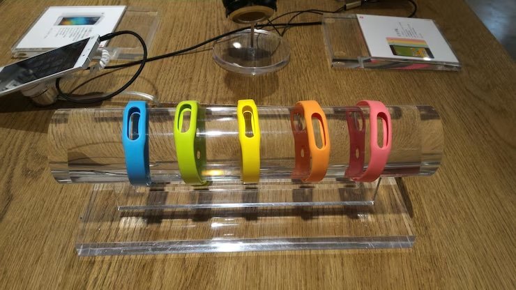 colorful fitness bands displayed on rack