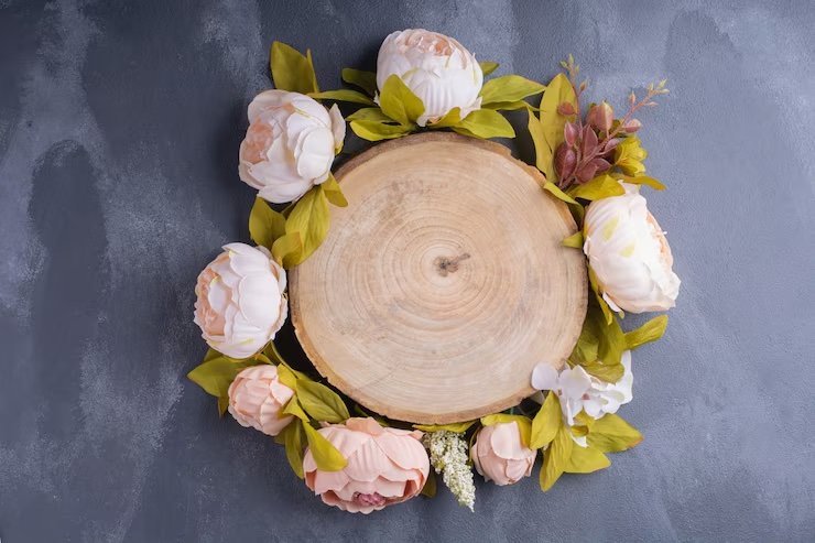 wooden floral arrangement with pink peonies and greenery