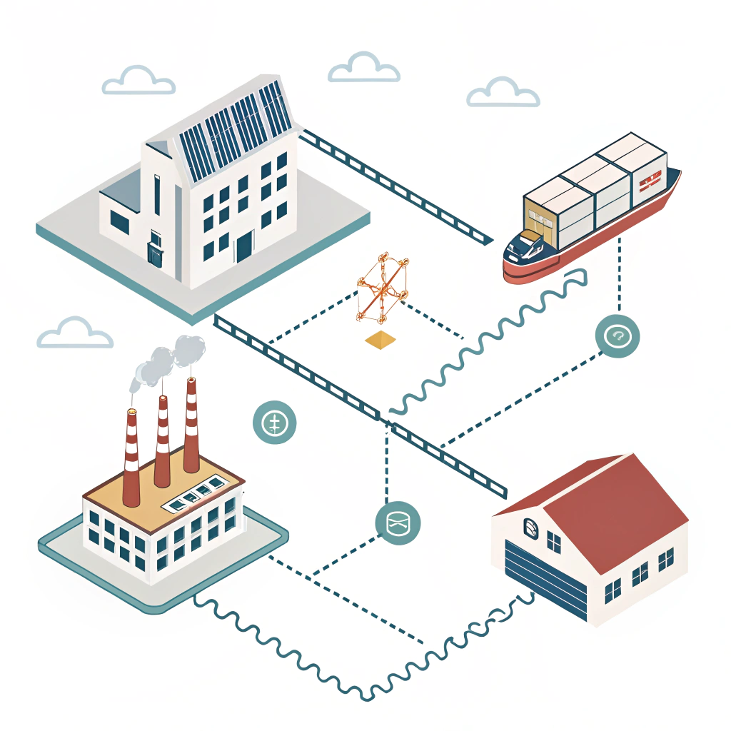 Abstract illustration of diversified factories and alternative sourcing strategies in minimalistic style.