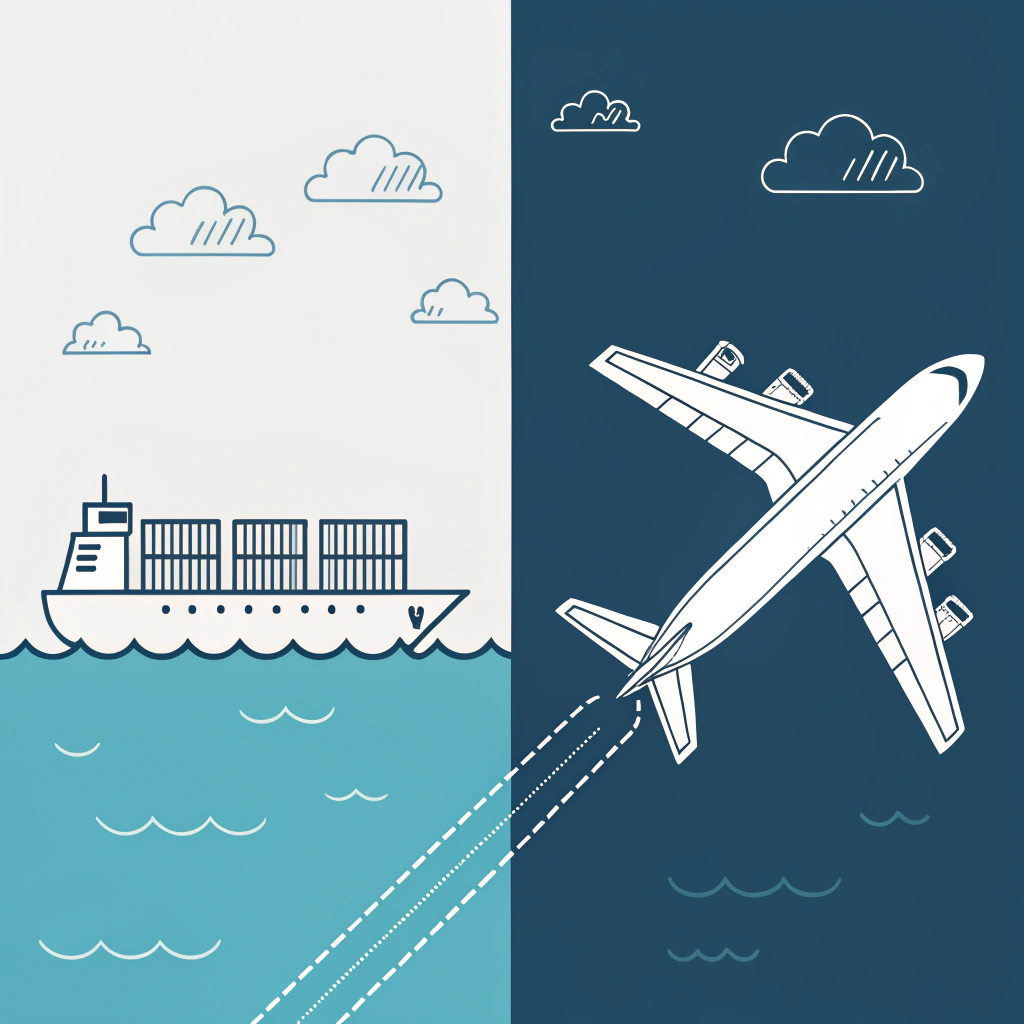 Minimalist 2D illustration contrasting a cargo ship with an airplane representing different shipping options.