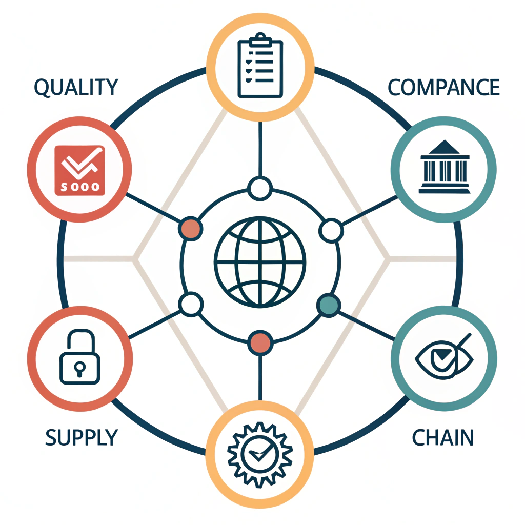 Minimal illustration of a global supply chain with quality assurance elements