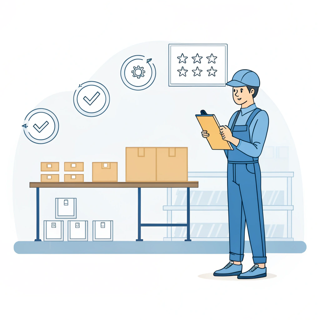 minimal illustration of inspector checking product quality in a factory