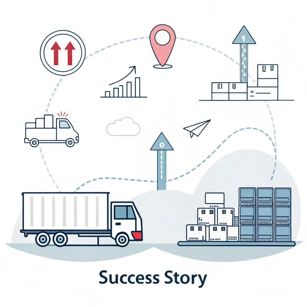 Minimalist illustration showing a successful logistics journey with digital tracking and upward progress.