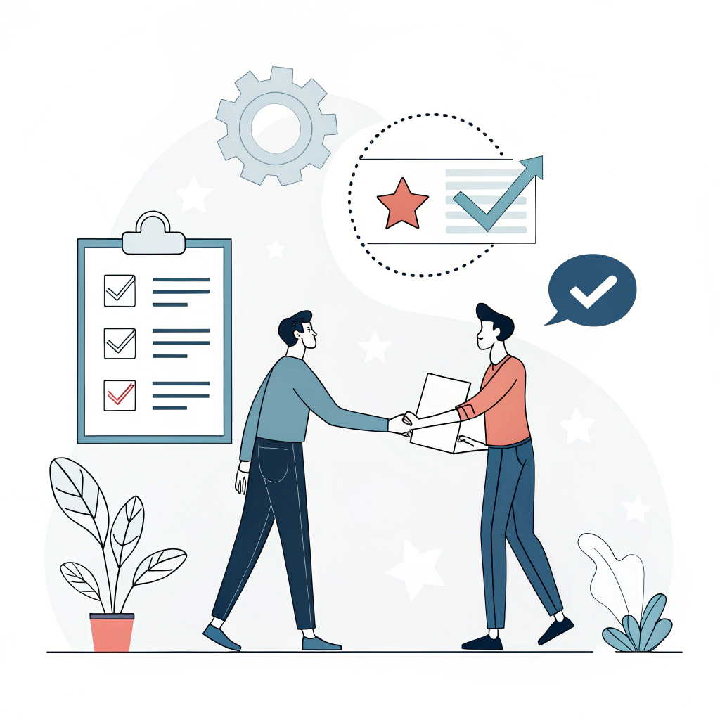 Minimalist 2D illustration showing supplier evaluation and negotiation dynamics.