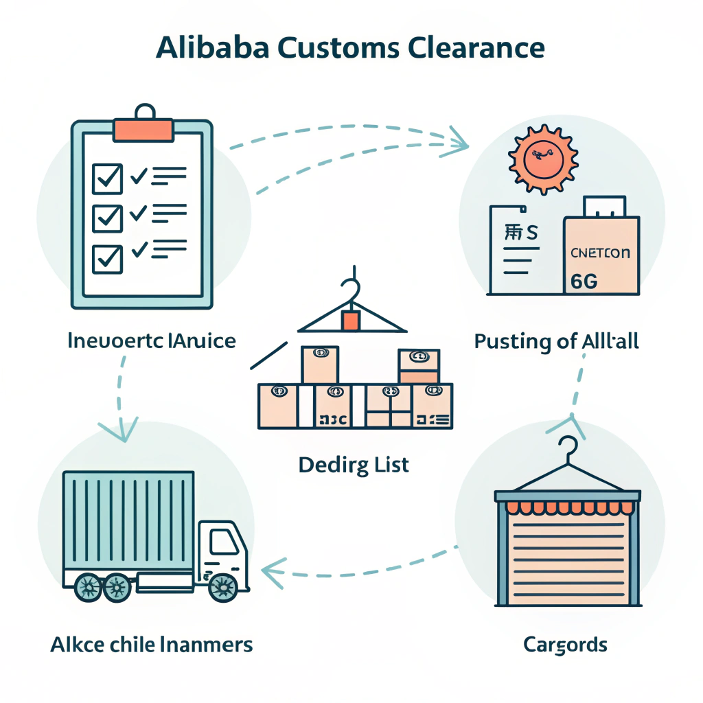2D minimalist illustration showing documents and cargo icons for customs clearance
