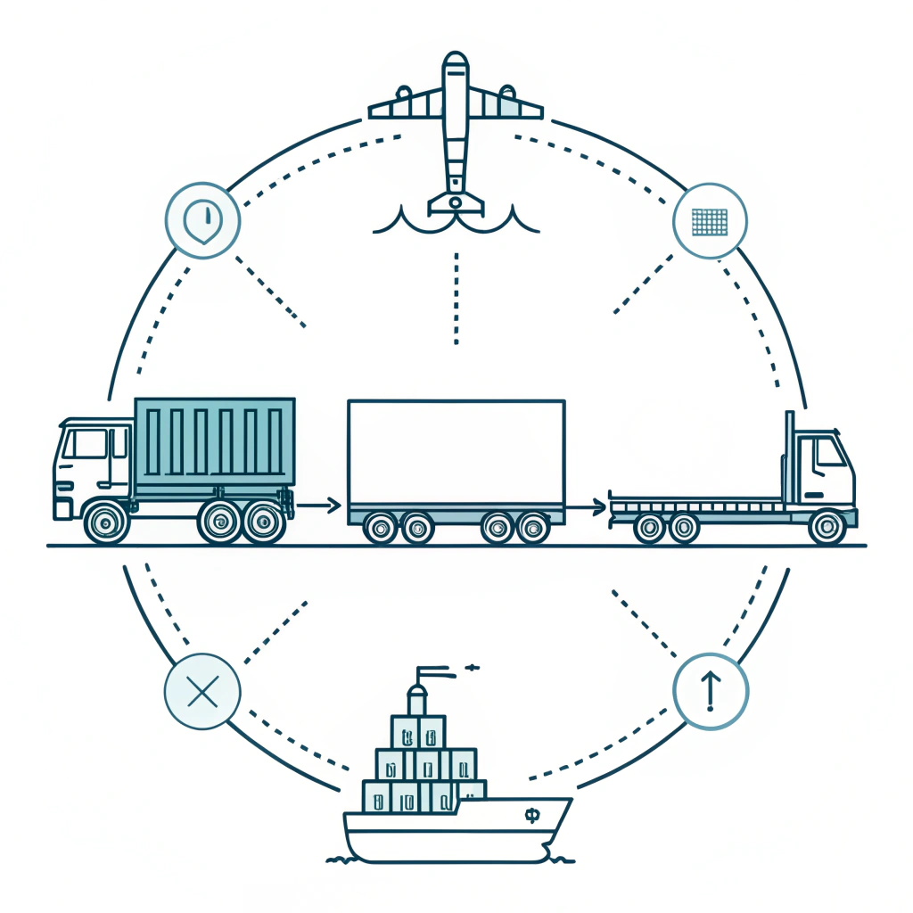 Simplified vector diagram of shipping logistics with trailer icons and streamlined design