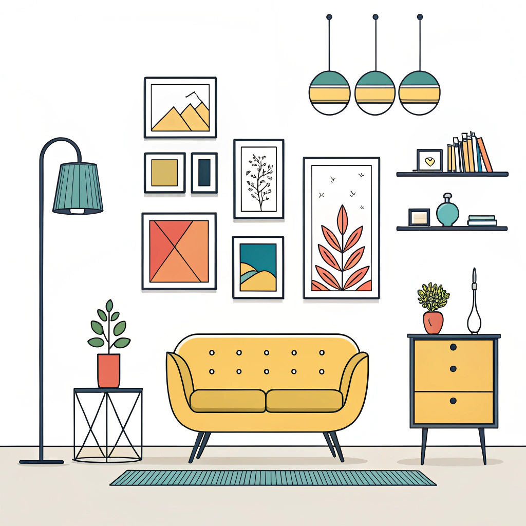 2D minimalist illustration of modern home decor and stylish accessories