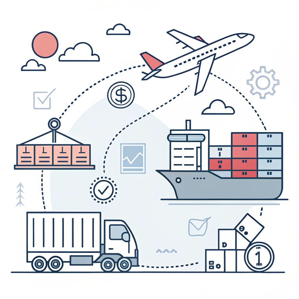 Minimalist 2D icons illustrating logistics, transport, and customs clearance.