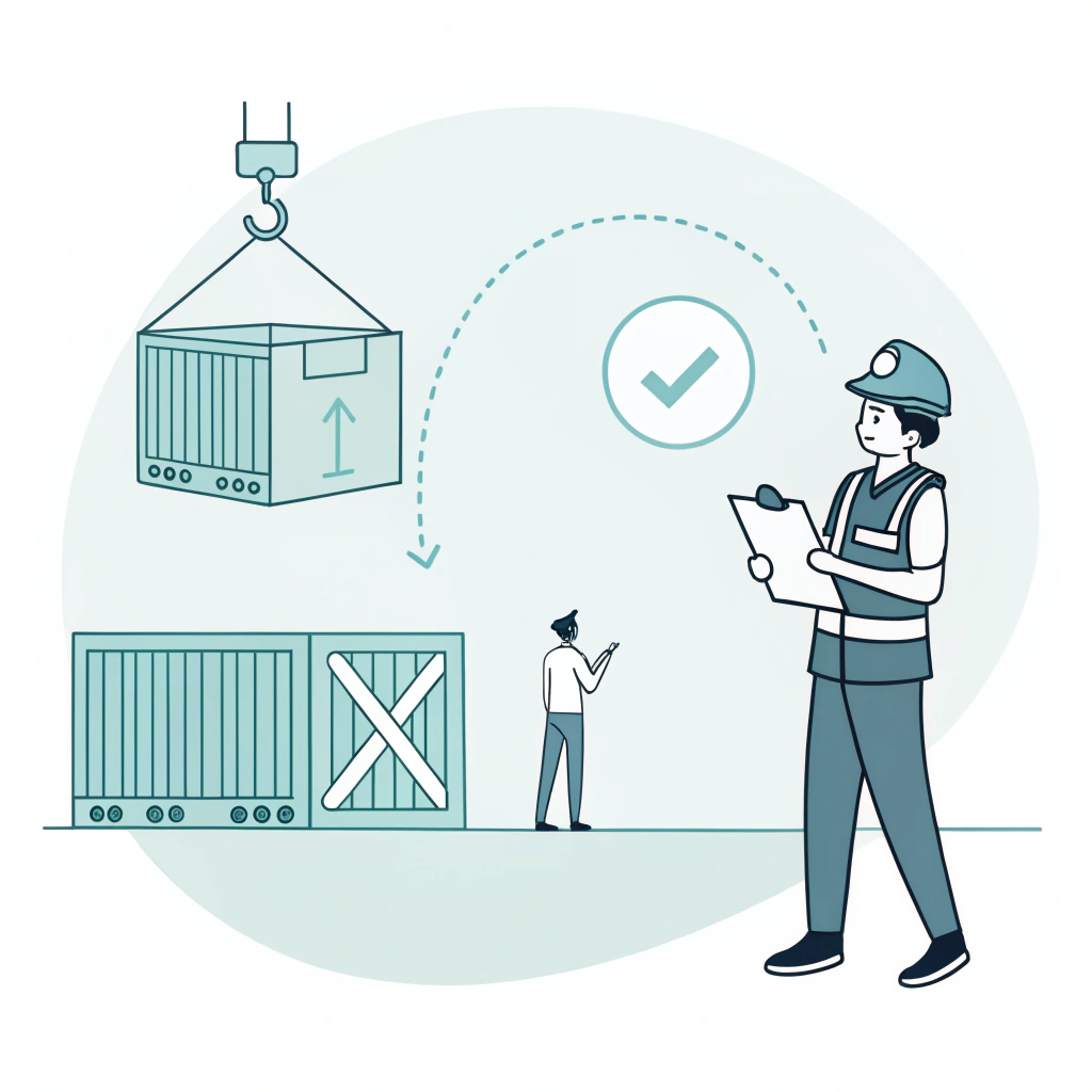 2D minimalist illustration of customs inspection with a cargo container and officer approval icon