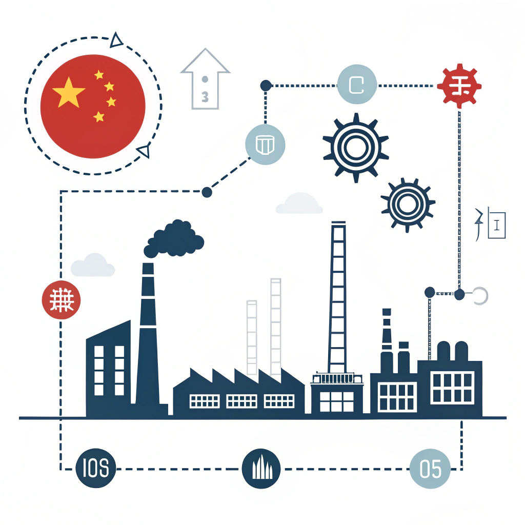 Minimalist illustration showing China's economic reforms and industrial modernization.