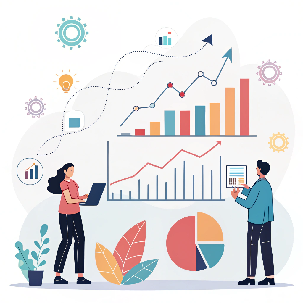 A modern flat design illustration of abstract graphs and analytics icons representing market data trends.