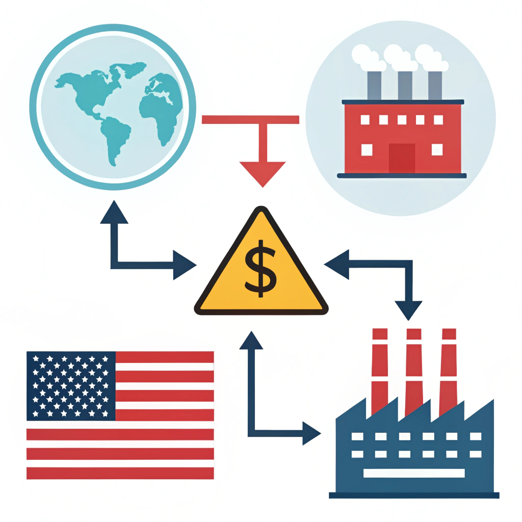 Minimalist 2D illustration of US-China decoupling with simple icons and arrows.