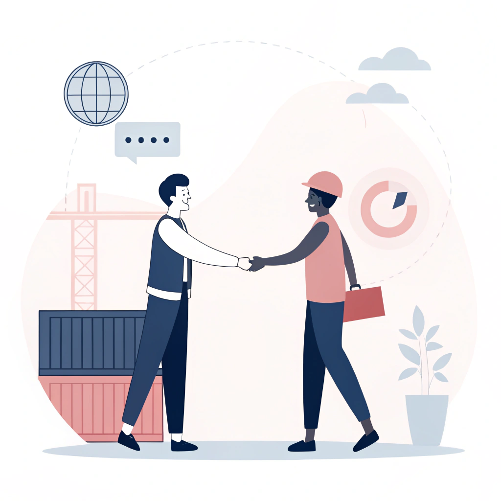 Minimalist 2D illustration depicting abstract figures shaking hands over a shipping container symbolizing reliable partnerships.