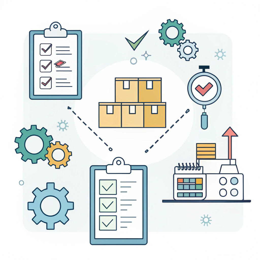 2D minimalist illustration showing quality inspection stages with simple icons.