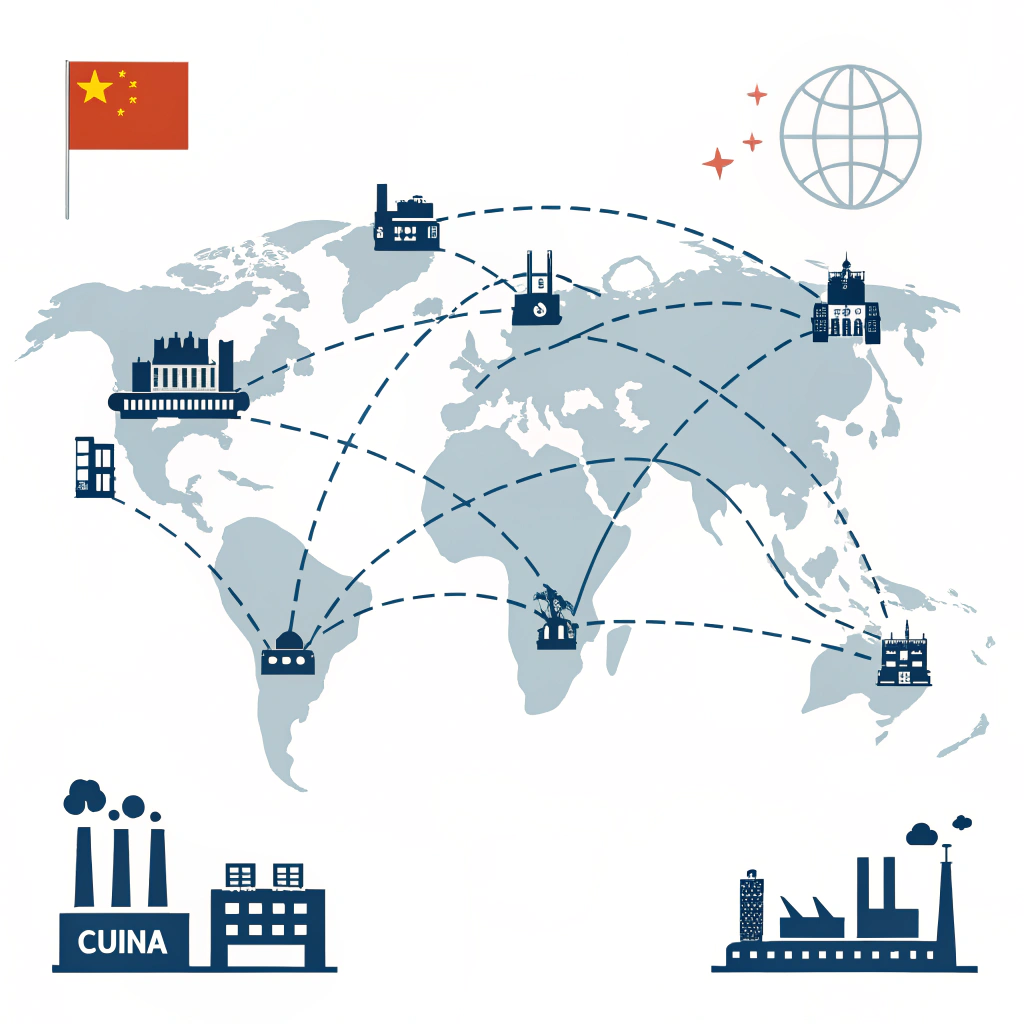 Minimalist illustration of China's global manufacturing network and trade connections.
