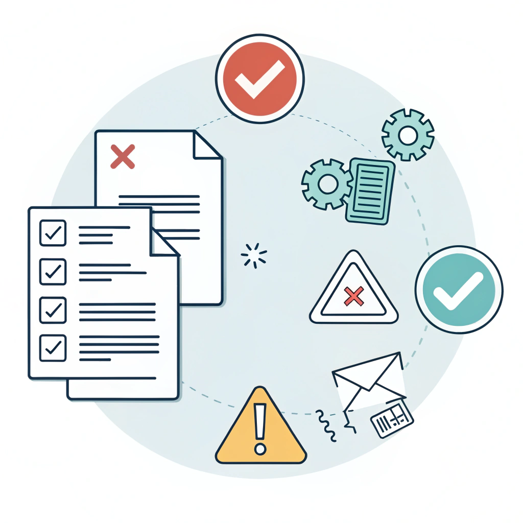minimalistic abstract illustration of invoice mistakes using caution and error symbols