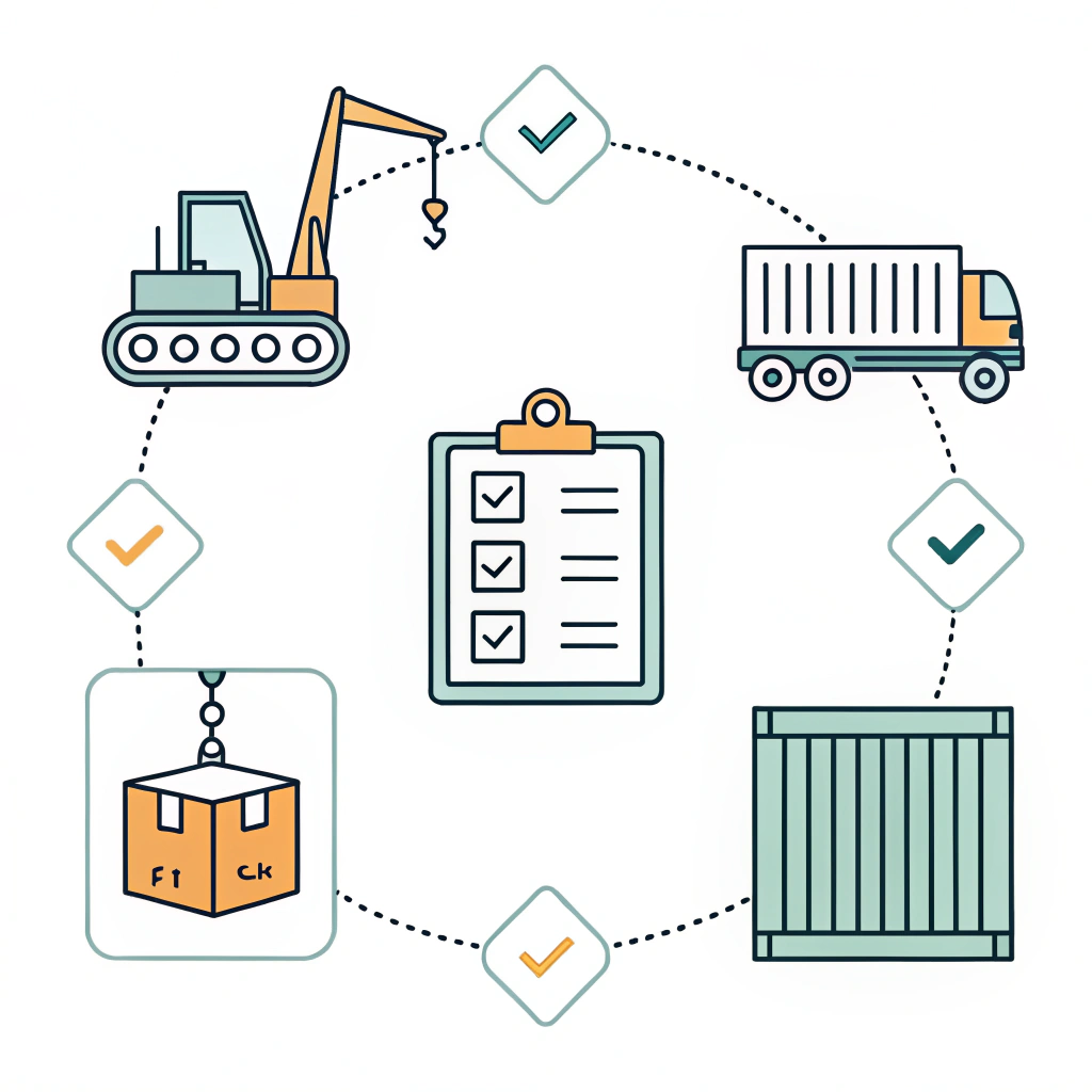 Flat illustration of a smooth, organized shipping process using icons and flow arrows in a minimalist style.