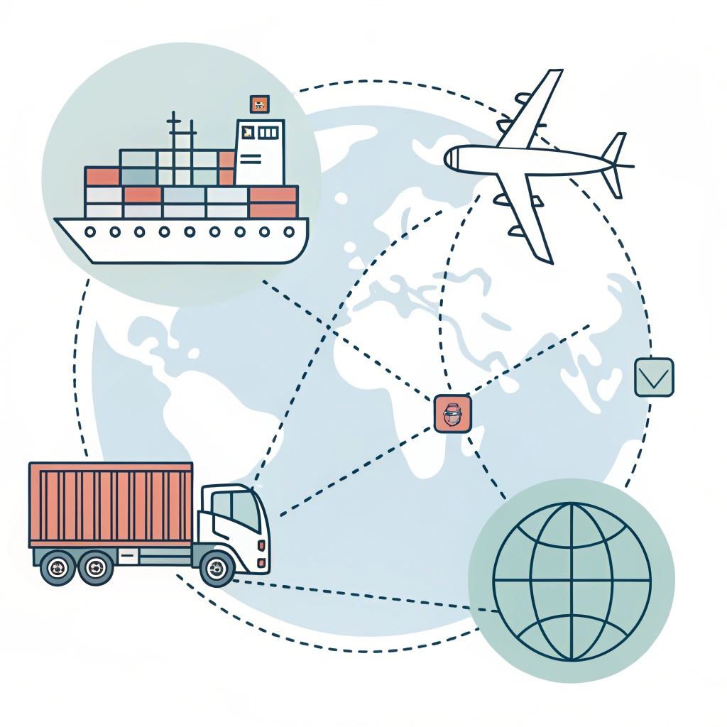 Minimalist illustration with icons for sea, air, and land shipping.