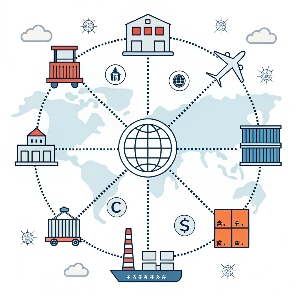 Minimalistic artwork of factories and transport links connecting US and China.