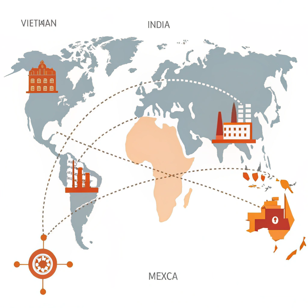 Clean 2D vector image depicting alternative manufacturing regions with simple icons.