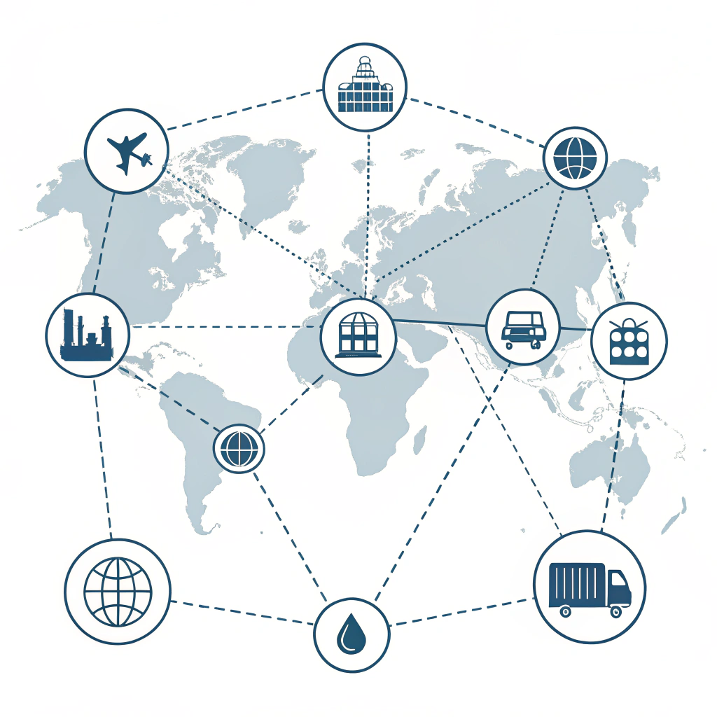 Minimalist 2D graphic showing a connected and resilient global supply chain network.
