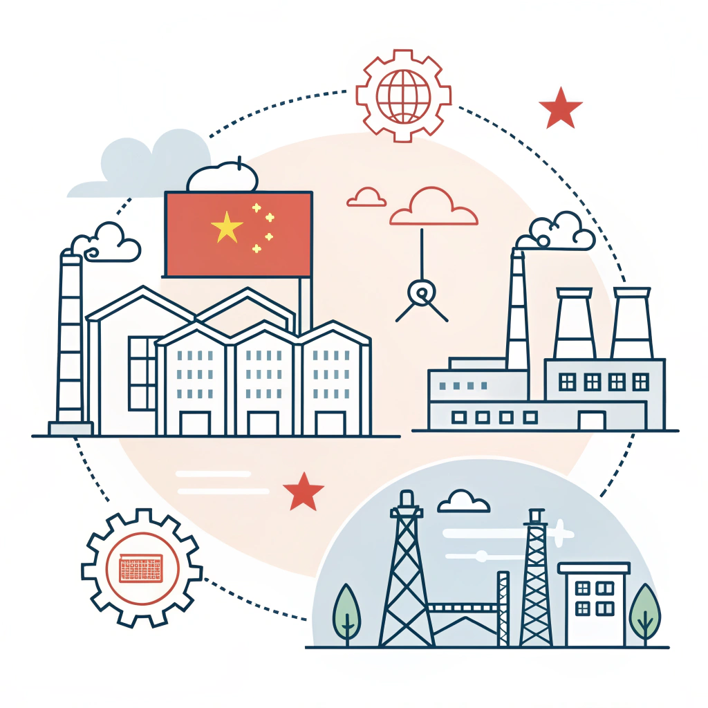Minimalist vector art of Chinese industrial support and integrated supply chain sprawl.