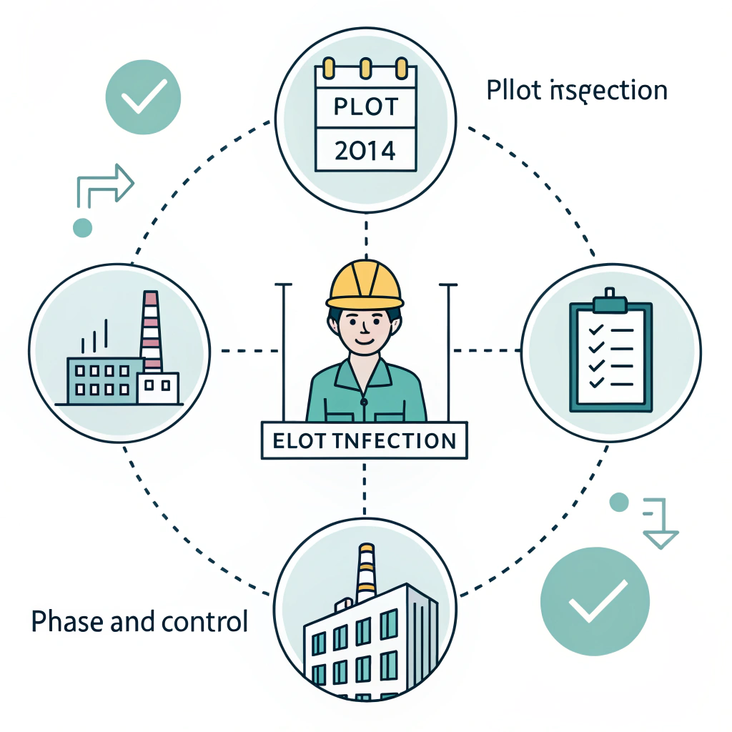 2D minimalist illustration of a pilot inspection project with factory and checklist icons.