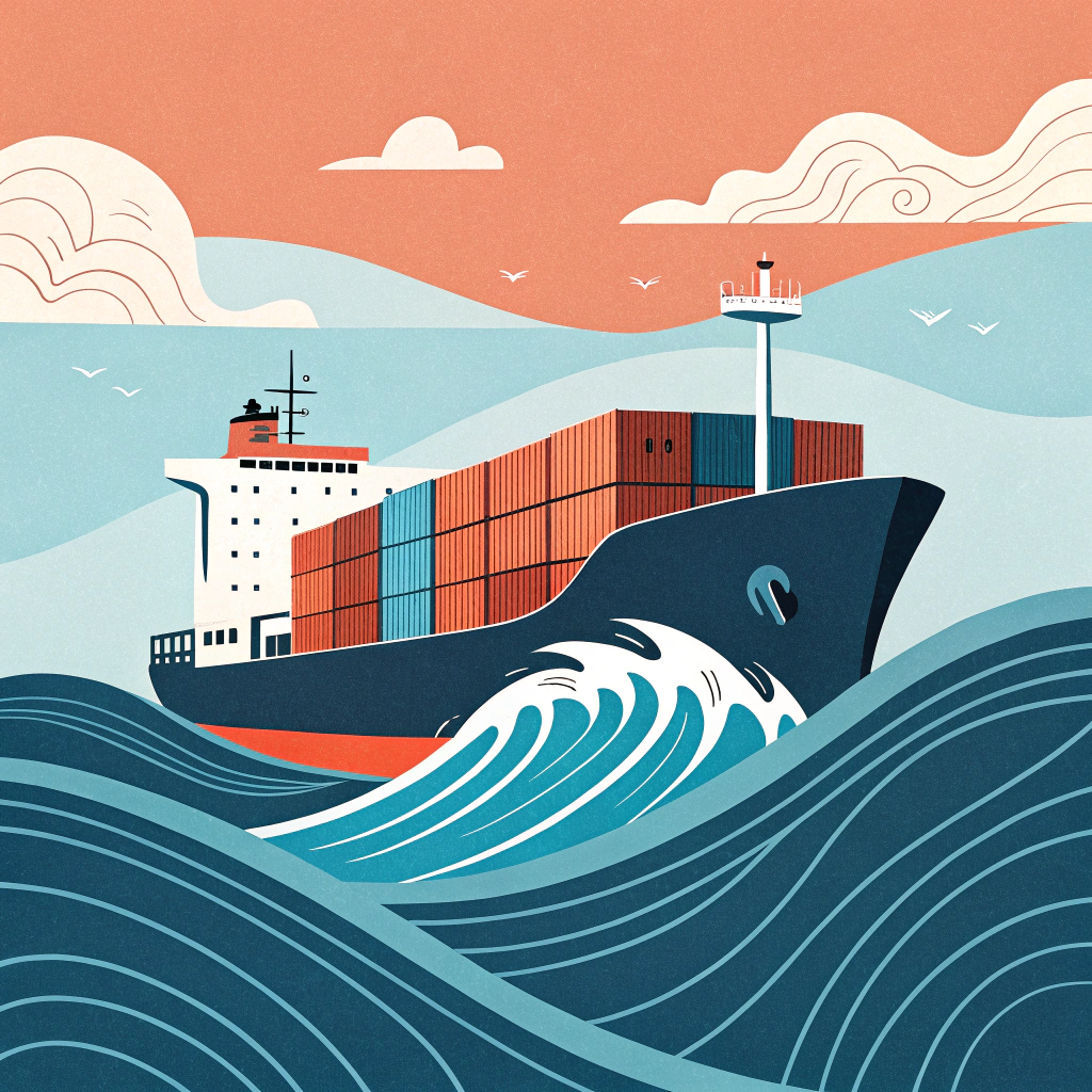 "Minimalist flat illustration of container loading onto a cargo ship during sea transit."