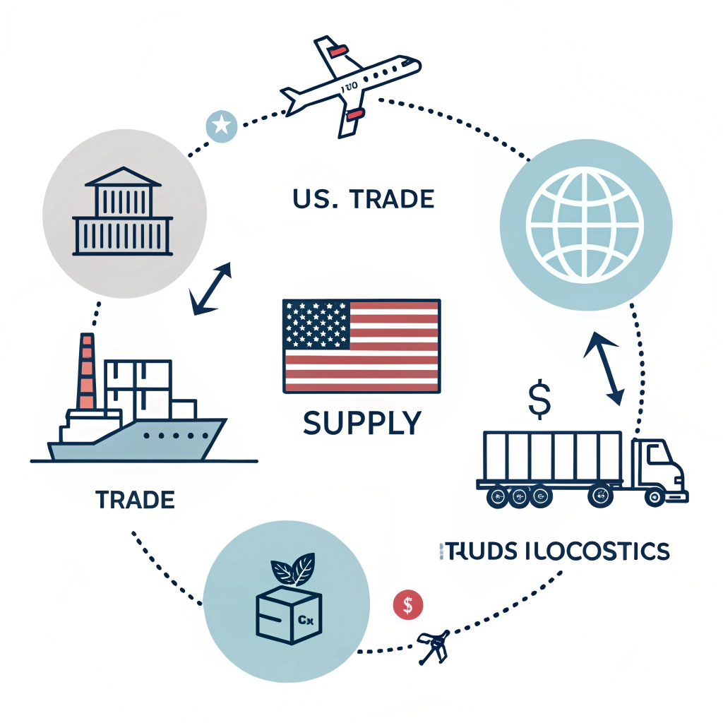 Minimalist 2D illustration showing global supply chain changes due to new US trade policies.