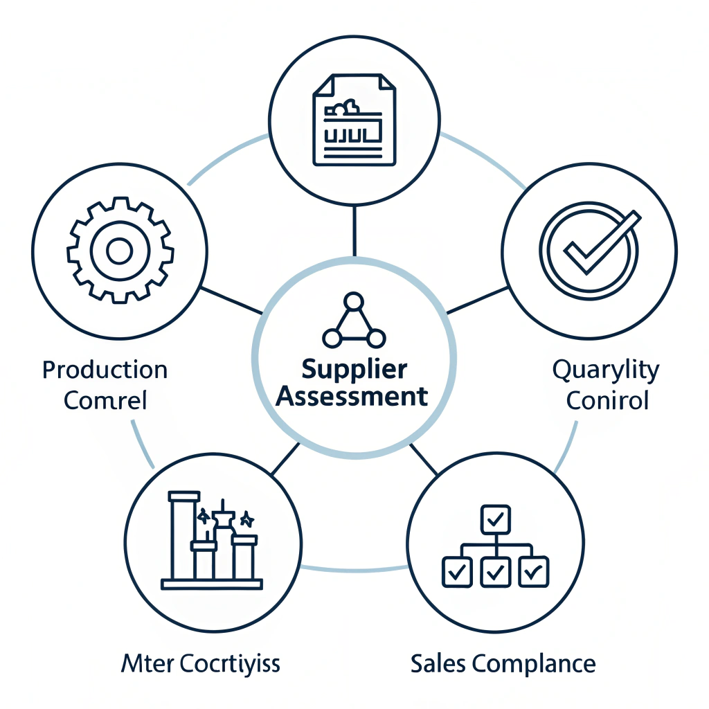 Minimal vector icons depicting supplier assessment criteria in a clean layout