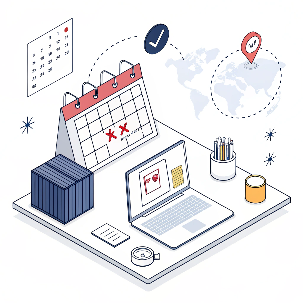 Flat design illustration showing a planning session with icons for shipping and regulatory updates.