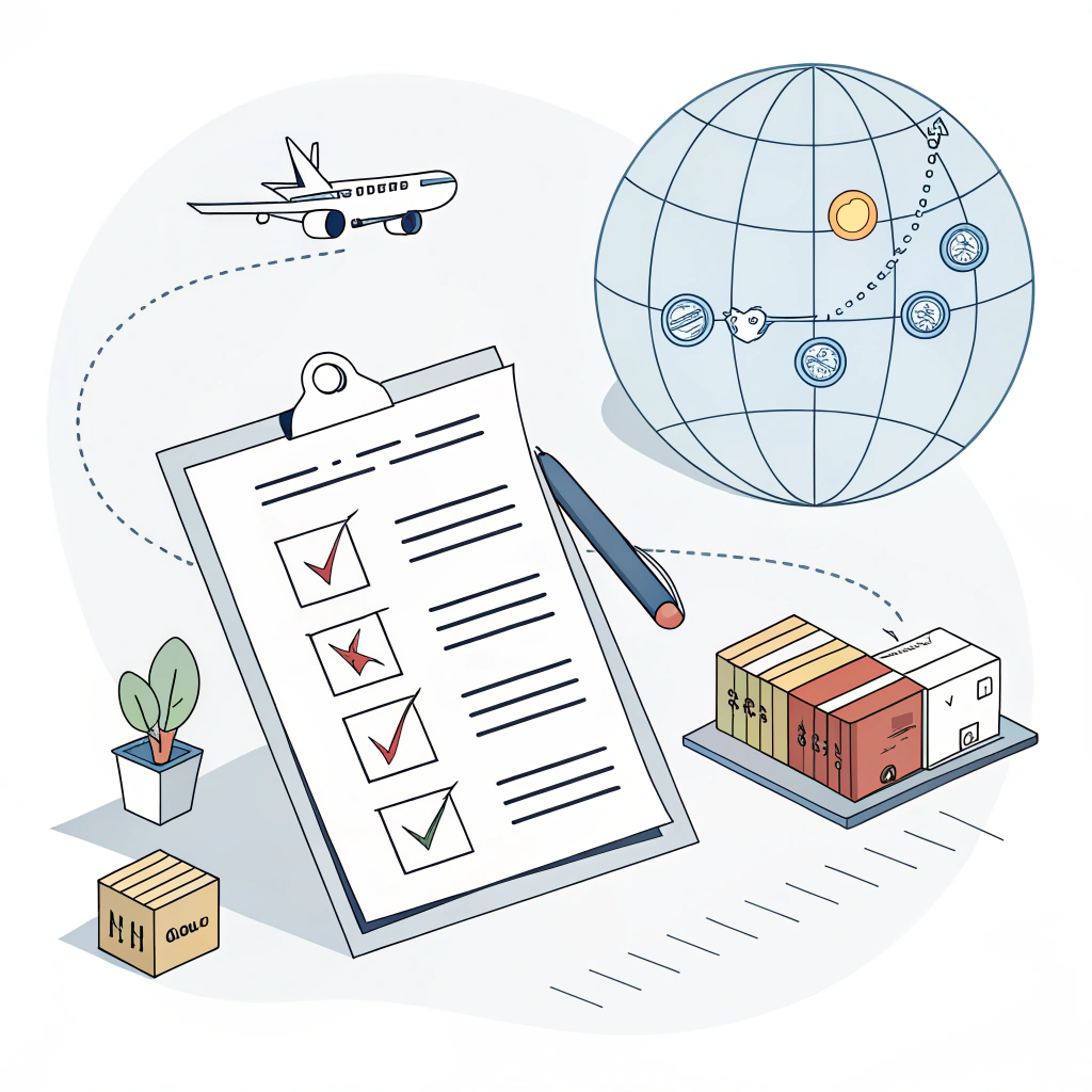 minimalist illustration of a commercial invoice with global trade and customs icons