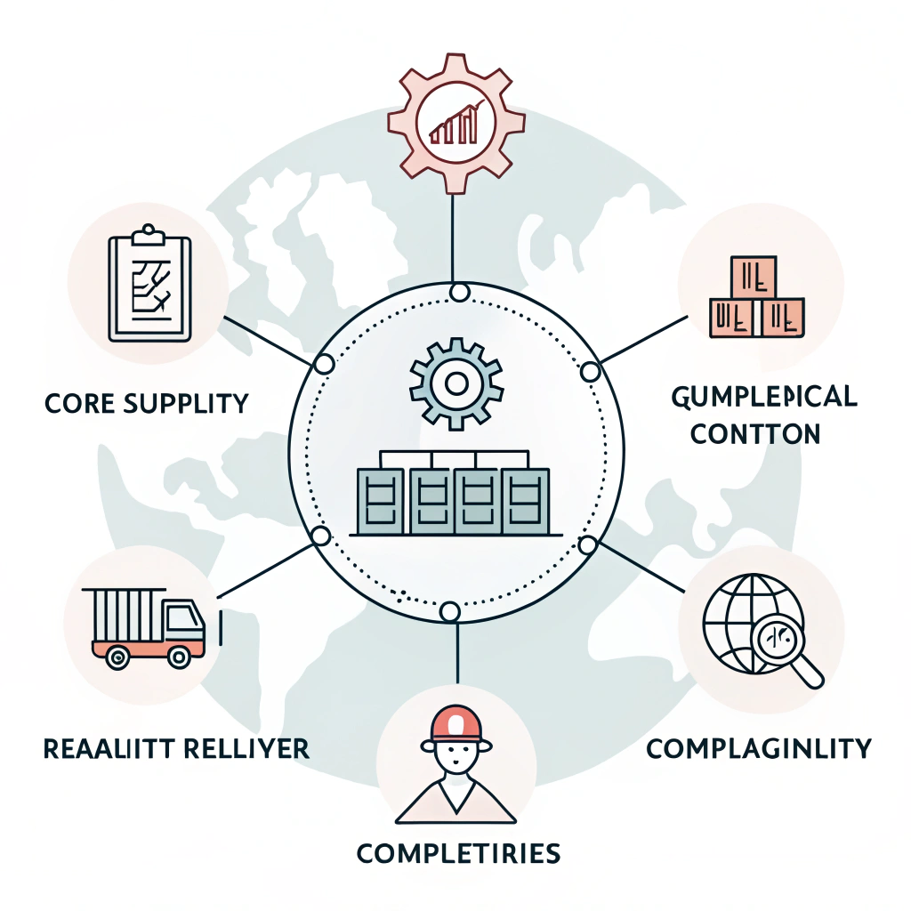 Minimalist 2D icons representing sourcing challenges in international trade.