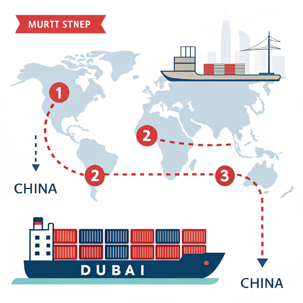"Minimalist flat illustration showing a cargo ship and abstract map linking China to Dubai."