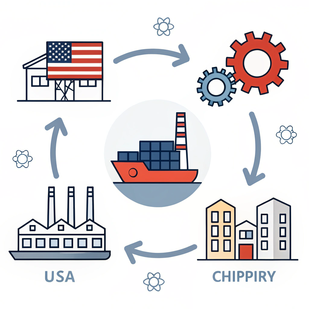 A minimal flat design showing icons for factory, ship, and gears symbolizing import cost factors.