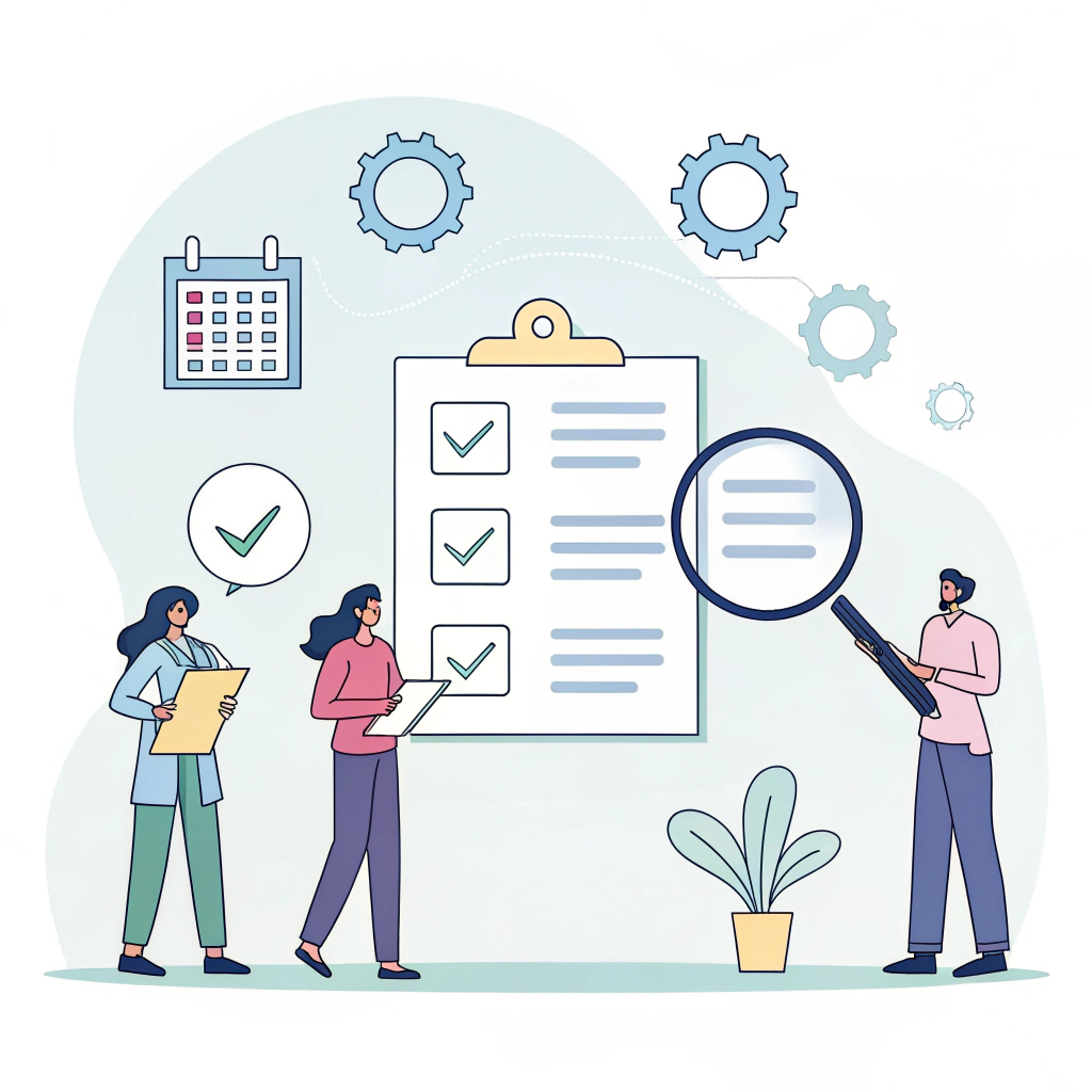 Minimalist illustration of a team analyzing inspection proposals and documents.