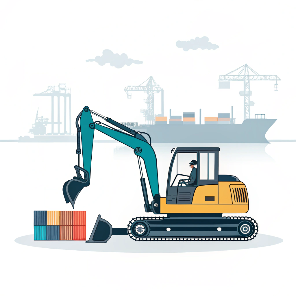 Clean flat illustration of a mini excavator with symbolic shipping containers and vessels.