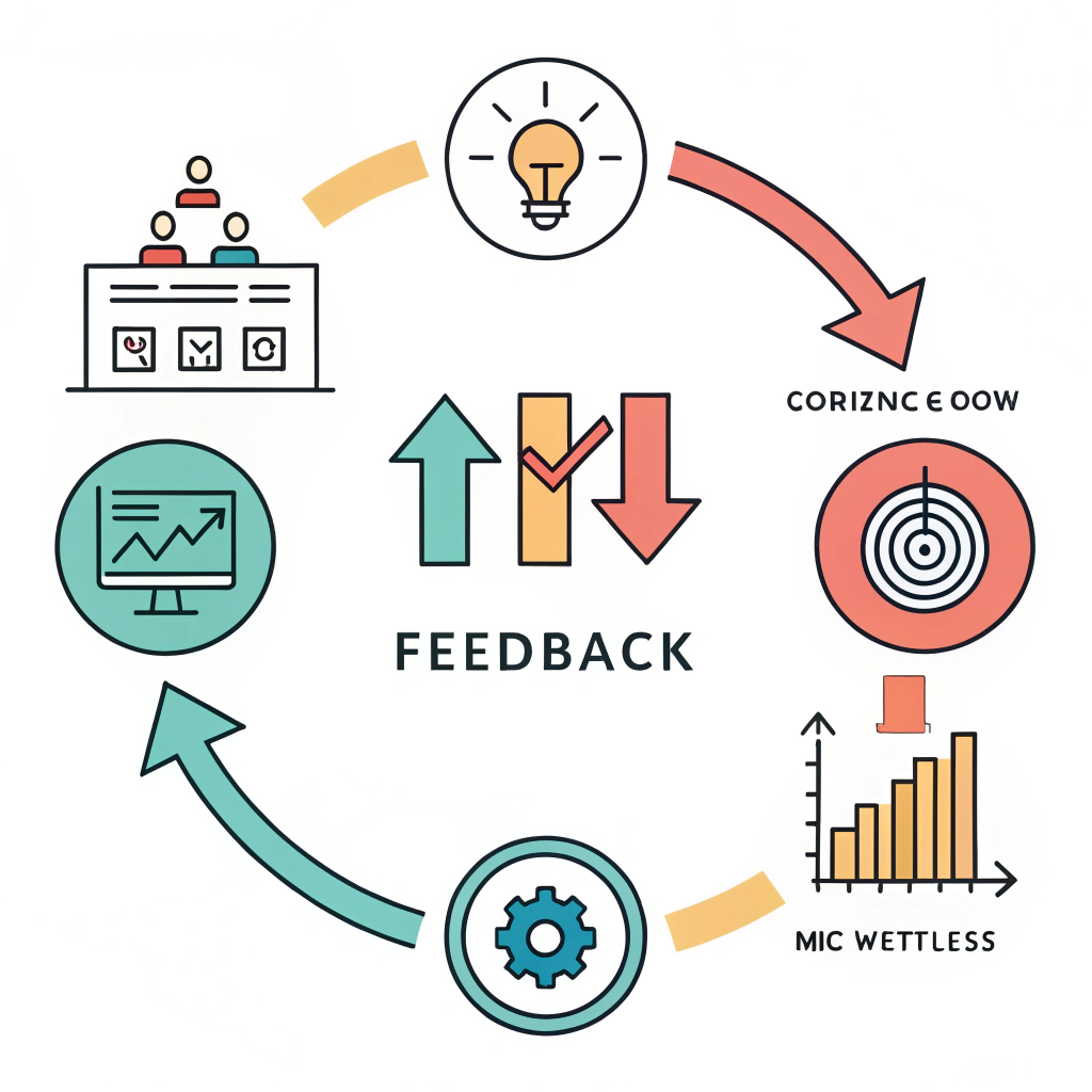 2D flat illustration of a feedback loop with abstract strategy icons