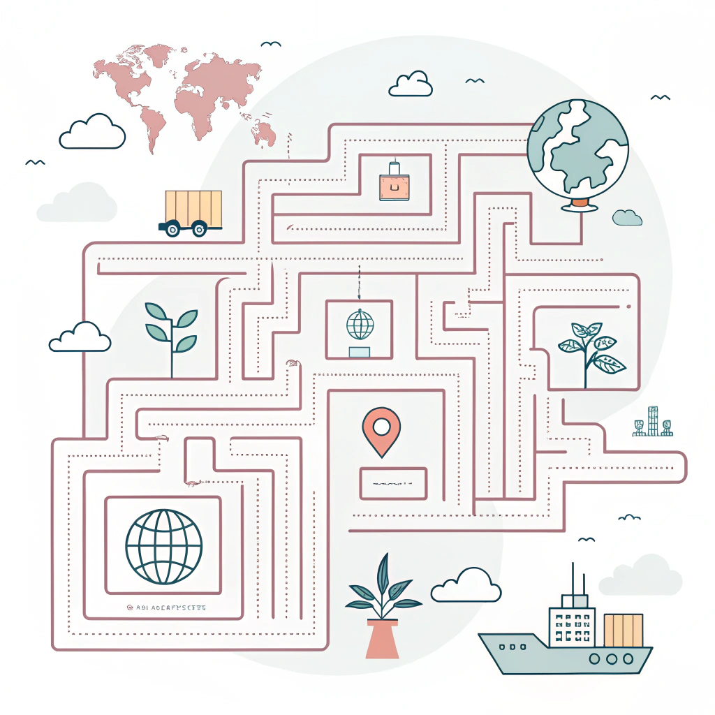 A simple illustration of an abstract maze with global icons symbolizing international trade complexities.