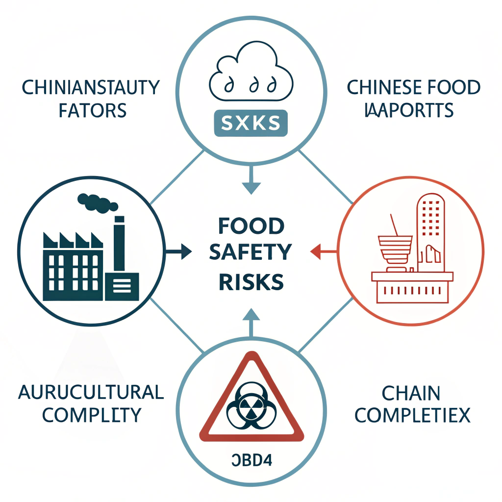 Minimalist art illustrating Chinese food safety risks and supply chain challenges.