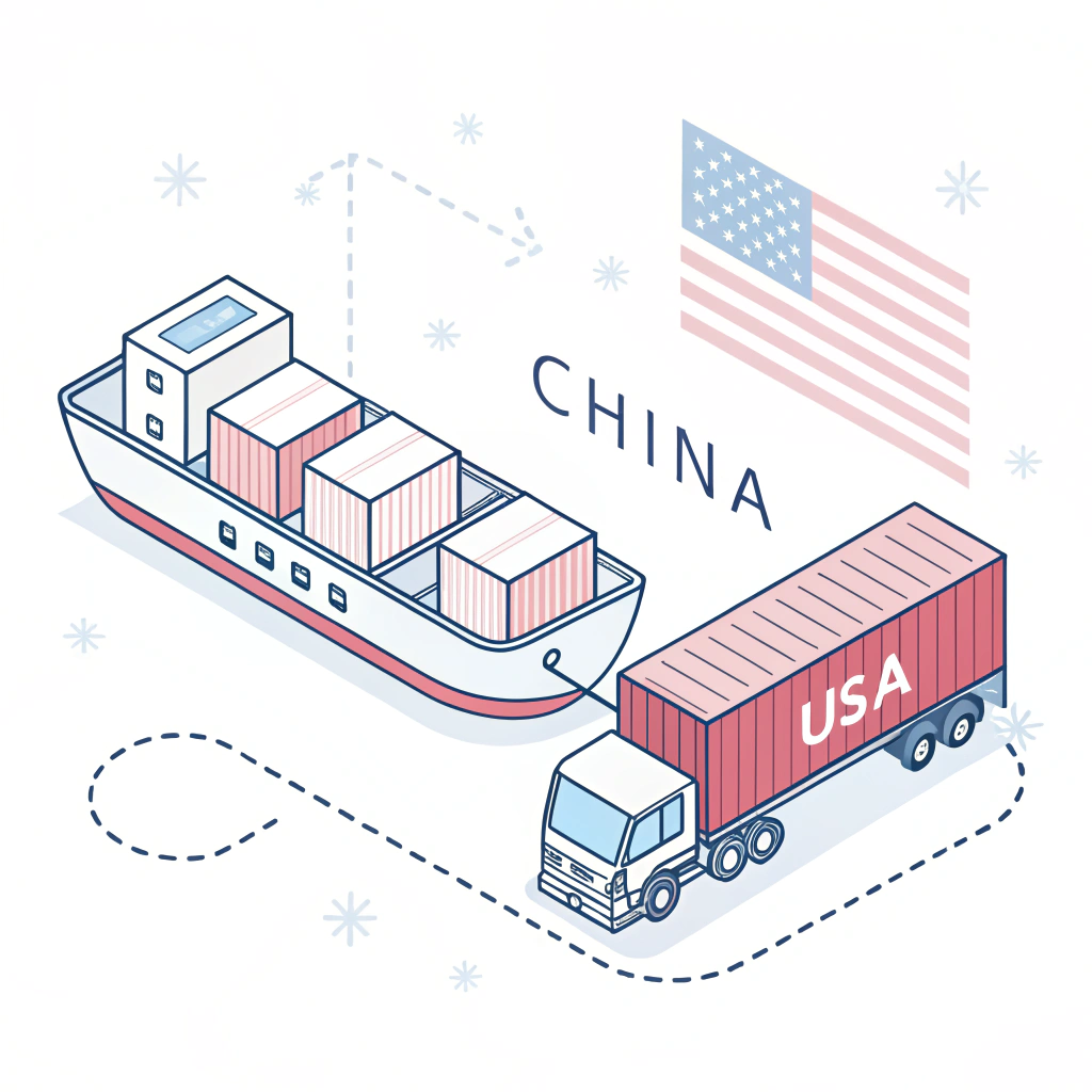 Minimalist 2D illustration of a cargo ship and container truck symbolizing international shipping logistics.