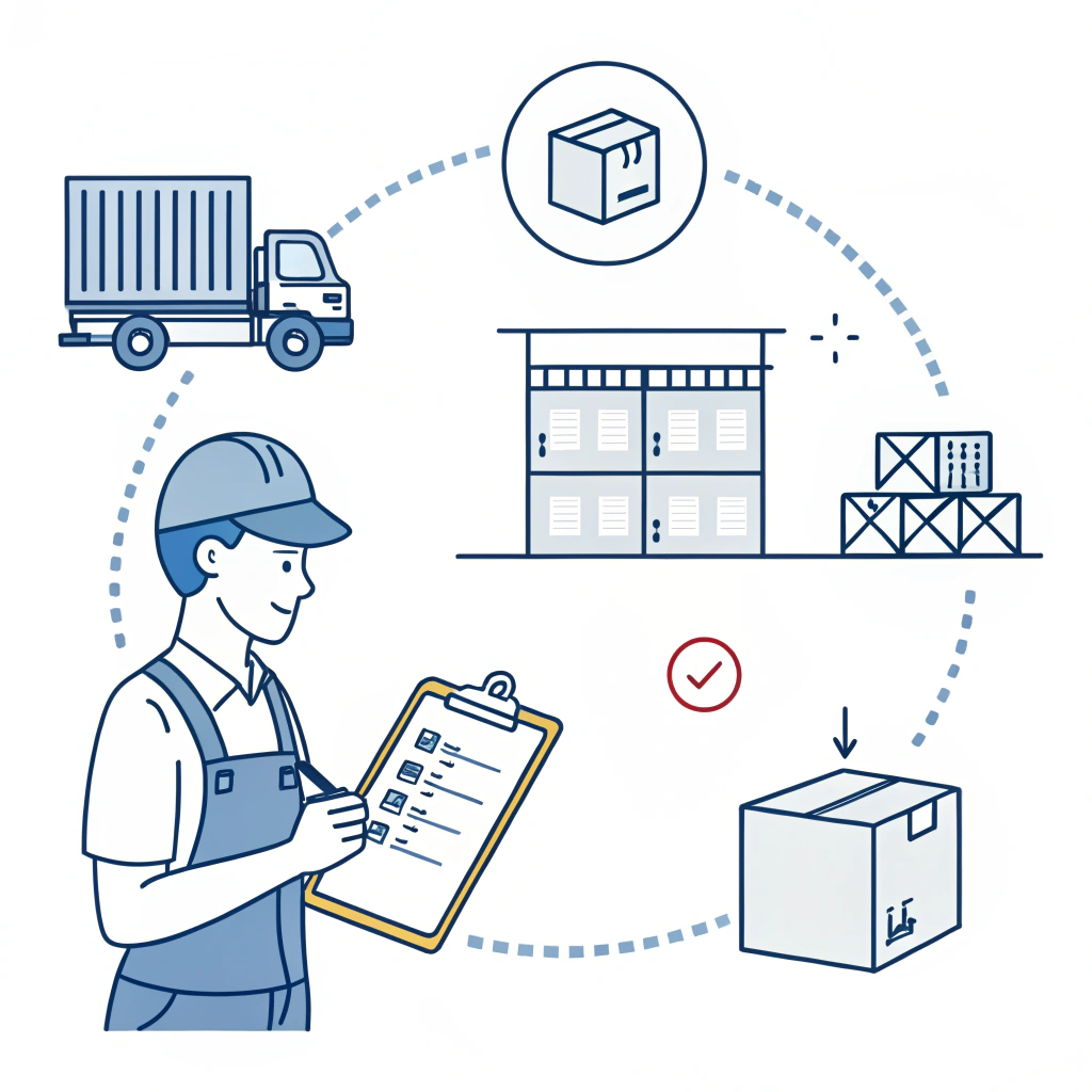 "Flat design illustration of a freight forwarder managing shipment documents and container logistics."