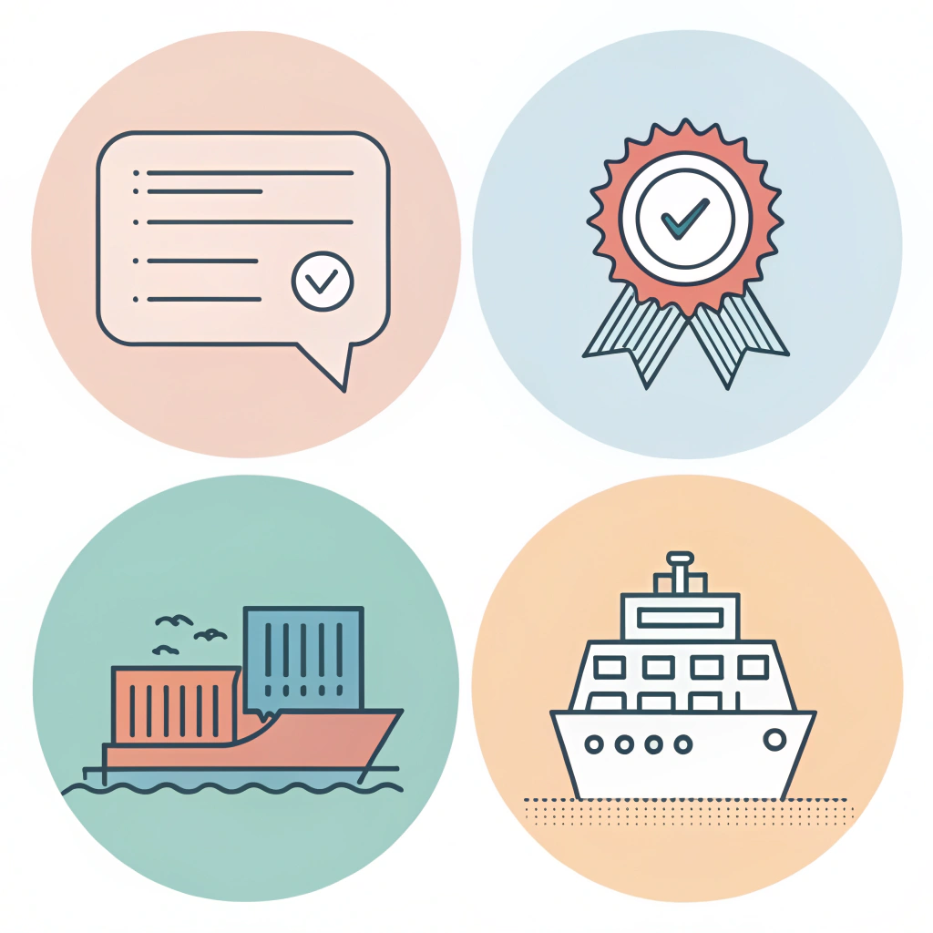 Minimalist icons depicting communication, quality, logistics, and regulatory challenges in international trade.