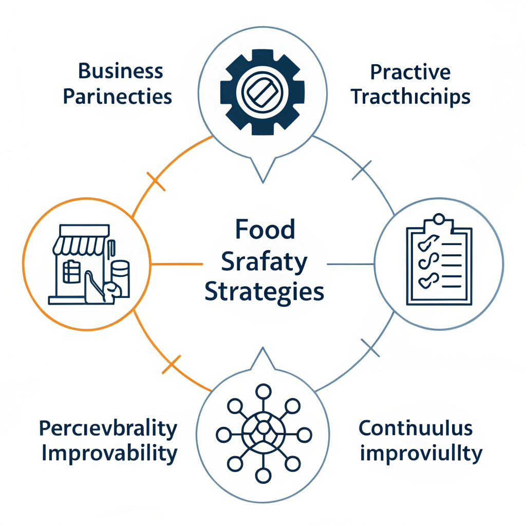 Minimalist art showing best practices and continuous improvement in food safety management.