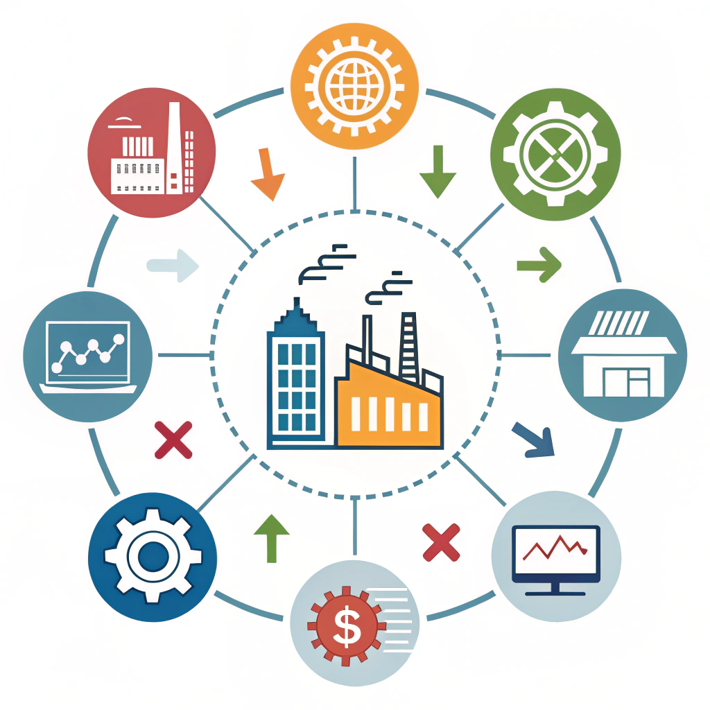 Minimalist 2D illustration of strategic supply chain planning with factory and chart icons.