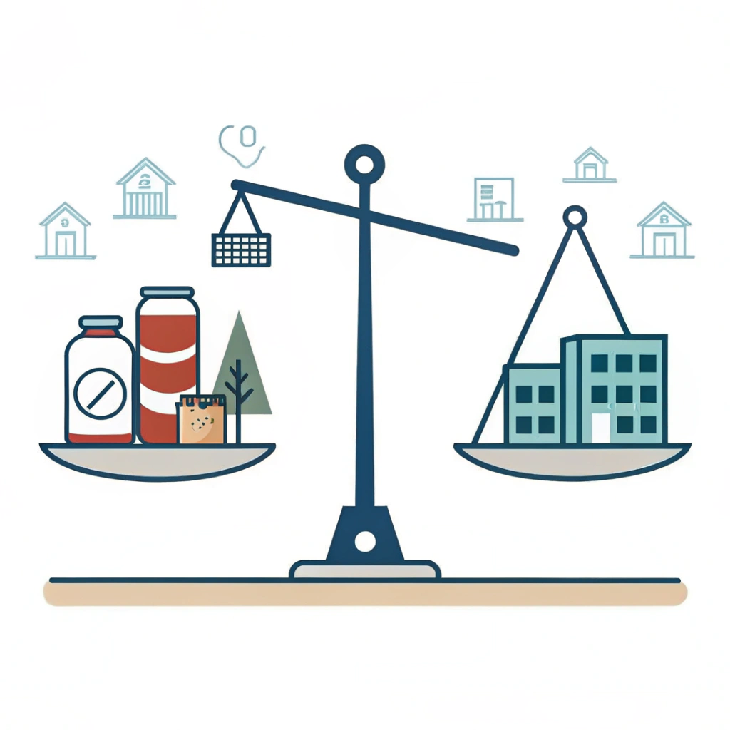 A flat design balance scale illustration symbolizing cost differences between Chinese bulk production and domestic manufacturing.