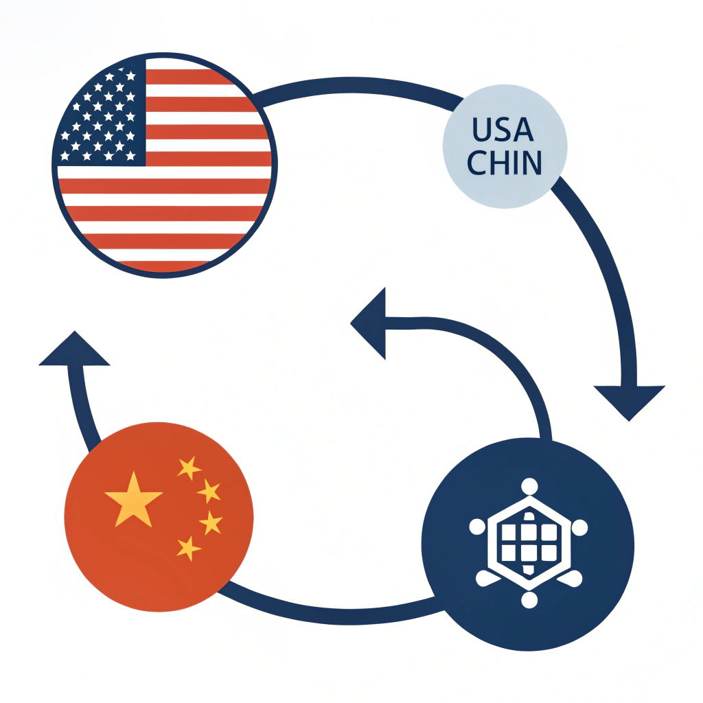 Simplified icons of US and China linked by arrows symbolizing trade and investments.